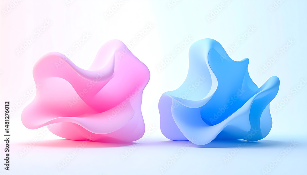 Poster abstract shapes in pink and blue hues create a modern, artistic display, emphasizing fluidity and co