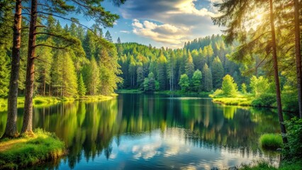 Fototapeta premium Serene forest landscape with a serene lake in the background, surrounded by tall trees and lush greenery, wilderness