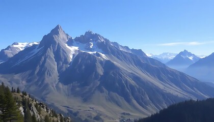 Sweeping majesty of alpine landscape showcasing rugged peaks against a blue sky