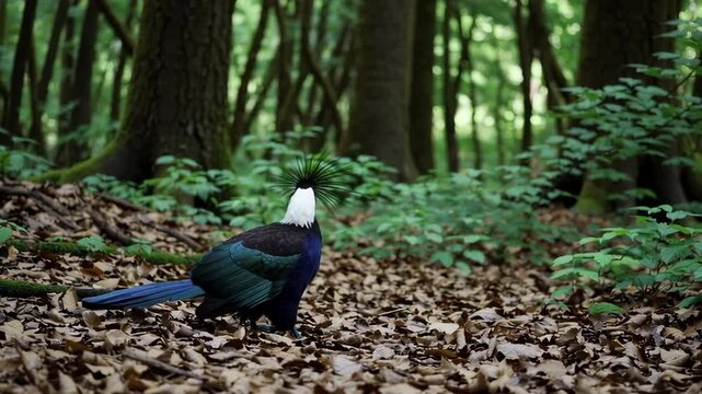 Crested jay walking in forest