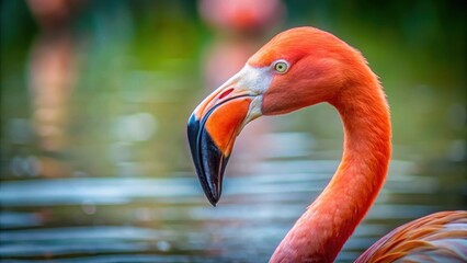 Fototapeta premium Close-up of a pink flamingo's head and neck in water, birdwatching, water, birdwatching, water