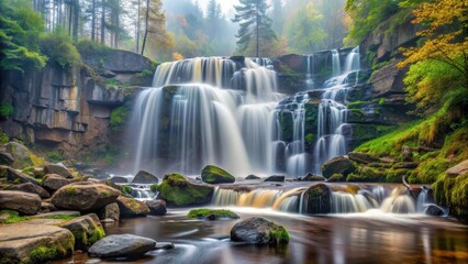 Misty veil of water cascading over rocky terrain at Kamienczyk waterfall, rocky terrain, foliage, rocky terrain