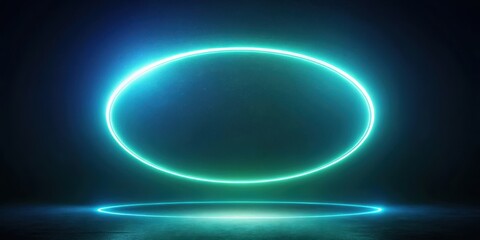 A glowing green circle is suspended in mid-air on a dark black background illuminated by an otherworldly blue light emitting a soft halo around it , cool light, glowing