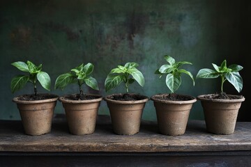 Fototapeta premium Five young pepper plants in terracotta pots.