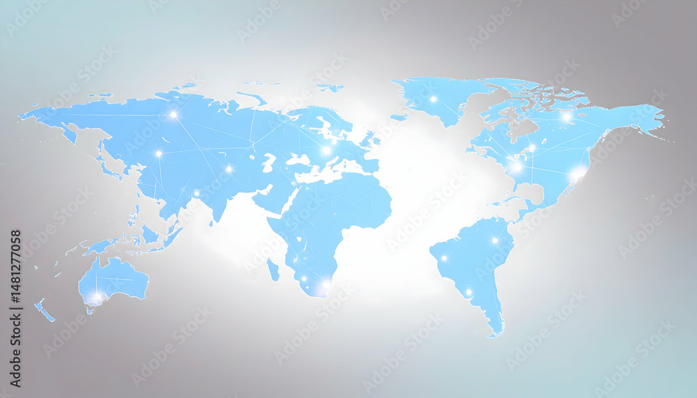 Poster abstract world map network connectivity with light blue gradient background featuring global digital