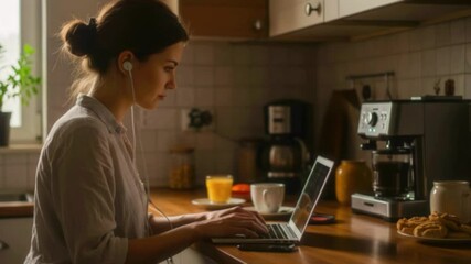 Young woman working on laptop in cozy kitchen, enjoying coffee and cookies while listening to music - Powered by Adobe