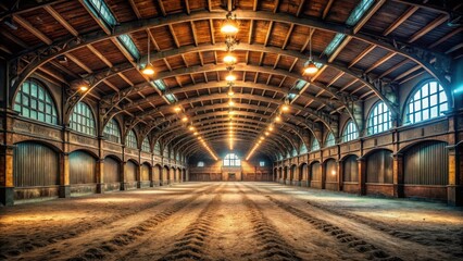 Abandoned riding hall with bright lights illuminating the dark surroundings and showcasing its once grandeur, illuminated, abandoned