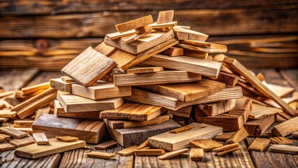 Fototapeta premium A stack of rustic wooden chips in various sizes and textures forms a natural, earthy background , woodland, timber, woodland
