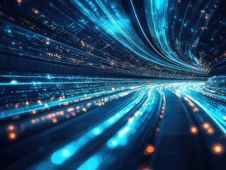 Fast-moving digital tunnel with vibrant light trails