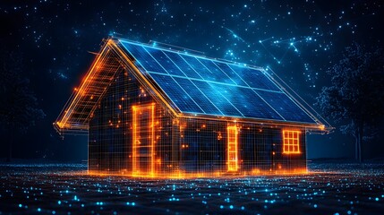 Futuristic house at night. Wireframe design with glowing orange lines and electric blue solar panels. Stars and constellations in the background. Abstract wireframe in dark blue