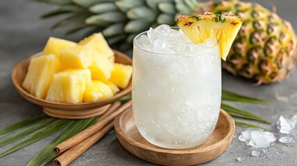 Chilled Pineapple Sparkling Water with Ice and Cinnamon