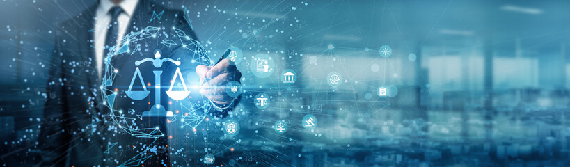 A businessman's hand drawing graphs illustrates the integration of legal technology, enabling...