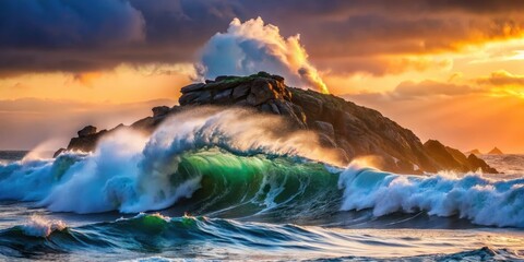 Fototapeta premium A majestic ocean wave crashes against a rugged rocky island platform at dusk, creating a stunning silhouette against the fading light of day , coastal, solitude