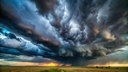 Dark angry clouds of an incoming storm with heavy rain and thunder, menacing skies