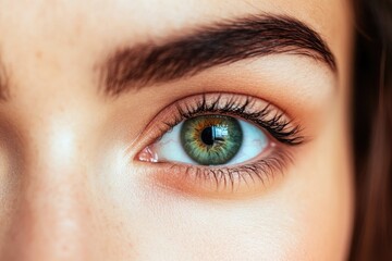 Obraz premium Close-up view of a woman's eye with a striking green-hazel color.