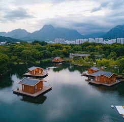 Floating cabins on a tranquil lake nestled amongst lush greenery, mountains, and cityscape
