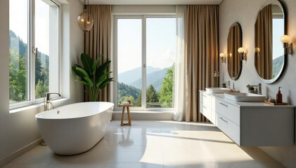 Sophisticated bathroom, freestanding tub, large window, tile, serene, towel