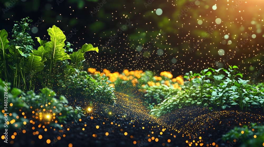 Poster Magical grove with glowing orbs illuminates a lush forest floor. Verdant plants and shimmering particles create an enchanted atmosphere, perfect for fantasy themes. Abstract wireframe in dark blue.