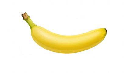 Single ripe banana with green stem and brown spots on transparent background