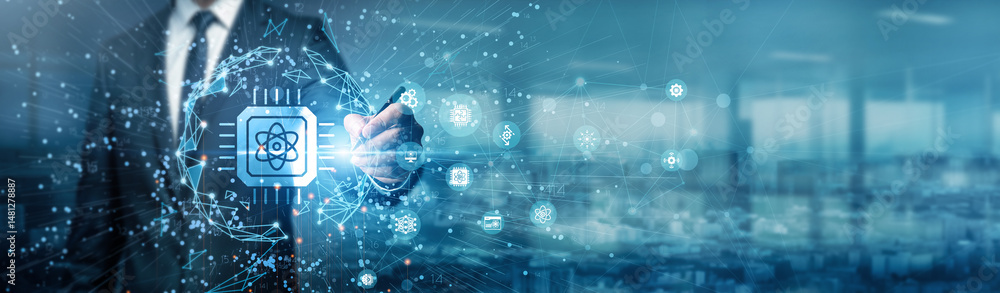Poster hand of businessman drawing graphs highlights how quantum computing revolutionizes industries by ena