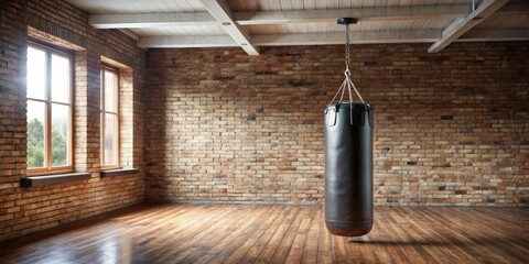 A punching bag hangs from a sturdy hook on the ceiling of an open-plan room with exposed brick walls and a wooden floor, exercise, boxing