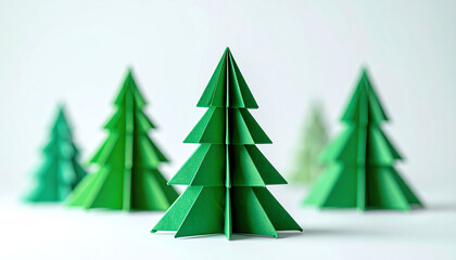 Colorful origami trees are arranged in varying sizes, showcasing creativity and craftsmanship against a soft, neutral background