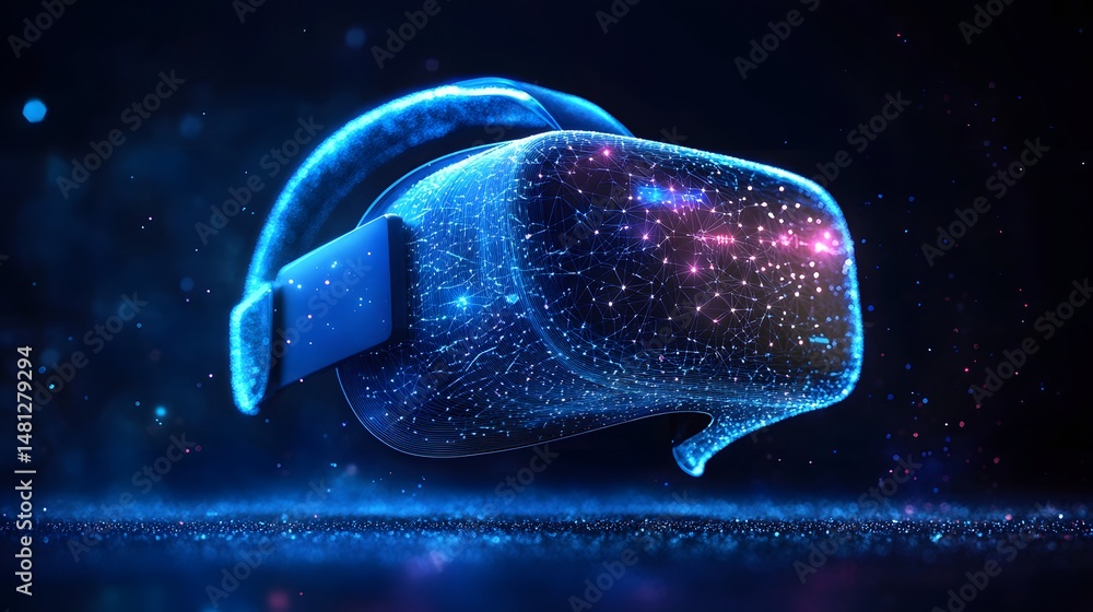 Aufkleber futuristic virtual reality device or vr immersion. a glowing blue wireframe figure explores virtual 