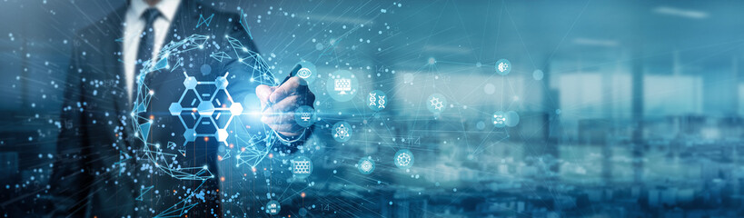 Hand of businessman drawing graphs shows how nanotechnology boosts industries like healthcare, energy, electronics, and manufacturing by improving products, enabling innovation, and driving business.