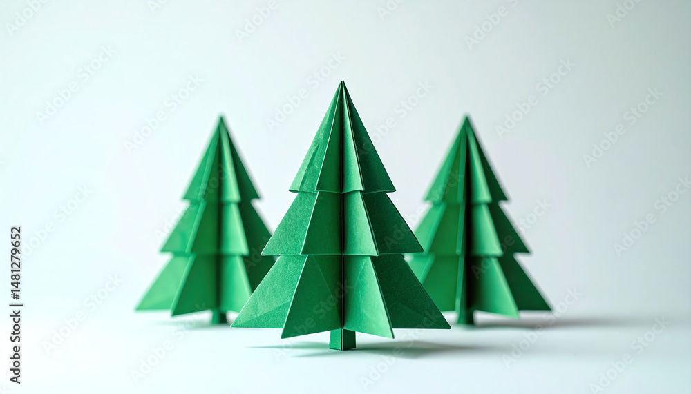 Poster four green origami trees arranged in a row, showcasing intricate folding and a minimalist design aga
