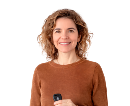 Middle-aged woman holding car keys isolated on transparent background
