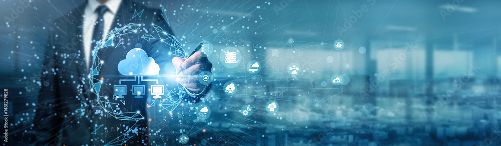 Poster hand of businessman drawing graphs. cloud computing delivers on-demand access to virtual servers, st