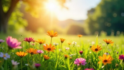 Sunlit meadow, vibrant wildflowers blooming in gentle breeze, season, sunshine