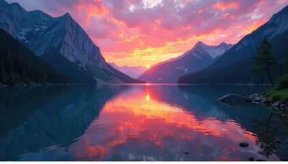 Sunrise paints vibrant hues across a serene mountain lake ,  golden hour,  ray