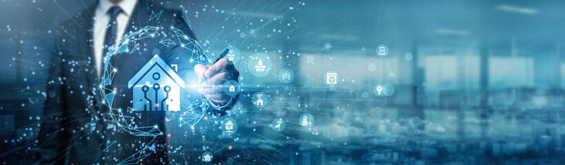 Hand of businessman drawing graphs. Smart Home systems integrate smart hubs, sensors, security cameras, smart lighting, and voice assistants to automate control, improve comfort and energy efficiency.