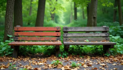 Naklejka premium Two mismatched benches awkwardly joined together , park, unexpected