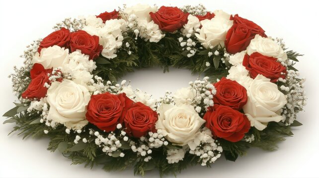 Classic Circular Wreath of Red and White Roses and Babys Breath - Powered by Adobe