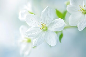 Fototapeta premium Close-up of white hydrangea flowers, shallow depth of field, blurred background, macro photography, high resolution, stock photo, high detail, sharp focus, studio lighting, bright environment