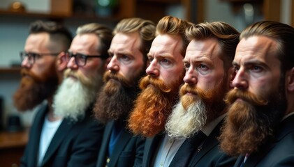 Obraz premium Variety of meticulously groomed beards on display , beard oil, festival, collection