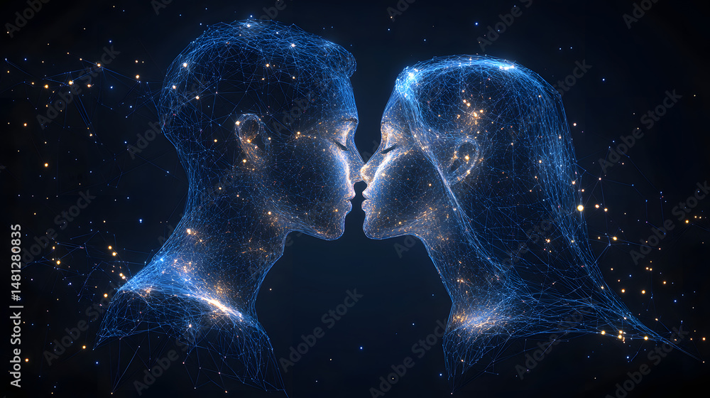 Leinwandbilder digital love in abstract form. ethereal figures connect through a network of blue lines and nodes, s