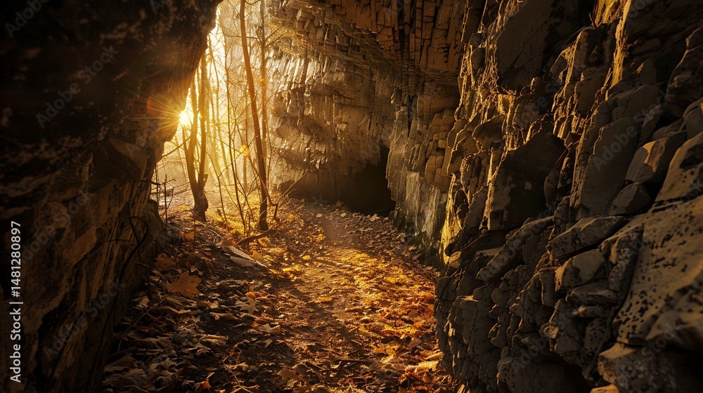 Poster sunlight illuminating cave path creating golden glow through forest