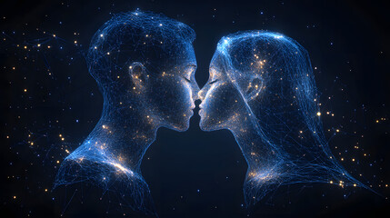 Digital love in abstract form. Ethereal figures connect through a network of blue lines and nodes, symbolizing modern romance and technology. Intimate moment. Abstract wireframe in dark blue.