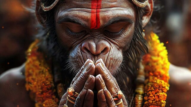 Depiction of Hanuman Ji with folded hands symbolizing reverence.