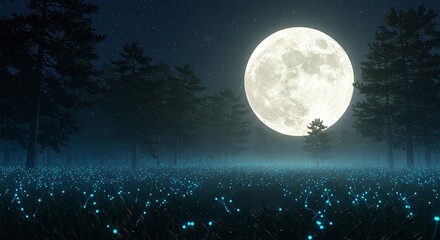 Fototapeta premium Enchanted forest illuminated by moonlight and glowing flora at night