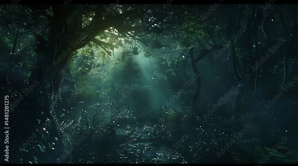 Poster sunlight streams through dense forest canopy creating atmospheric scene