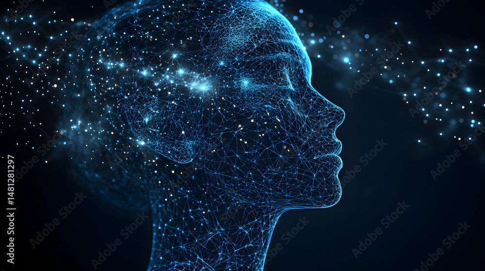 Aufkleber Futuristic human head rendeBlue as a luminous Blue network, symbolizing intelligence and consciousness. Glowing particles suggest thoughts emanating from the mind. Abstract wireframe in dark Blue.