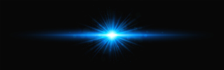 Naklejka premium Blue glow. Light burst with dynamic rays and flare effect on dark background. Bright beams for technology, space or sci-fi theme. Vector Illustration.