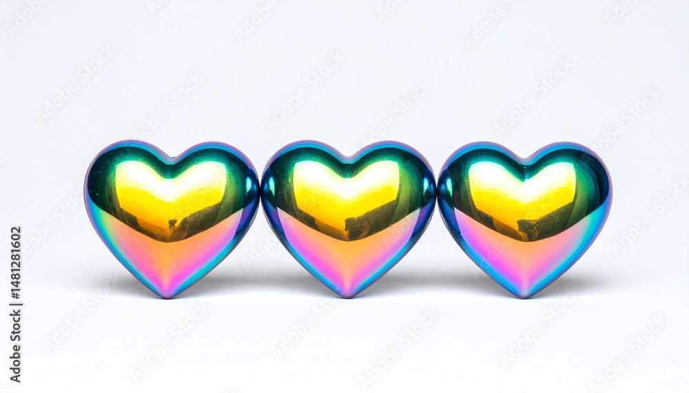 Poster three shiny, rainbow-colored heart shapes arranged in a row, reflecting light and creating a vibrant