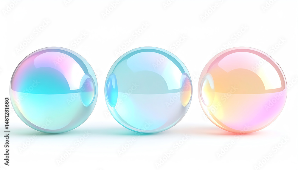 Poster three iridescent soap bubbles with soft colors reflecting light against a white background, creating