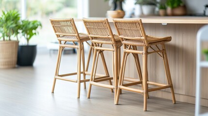 Obraz premium Three wicker bar stools are placed by a kitchen island in a modern bright and spacious home interior.