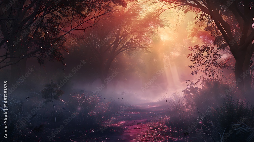 Poster sunlit forest path through misty trees creating a dreamy autumnal landscape
